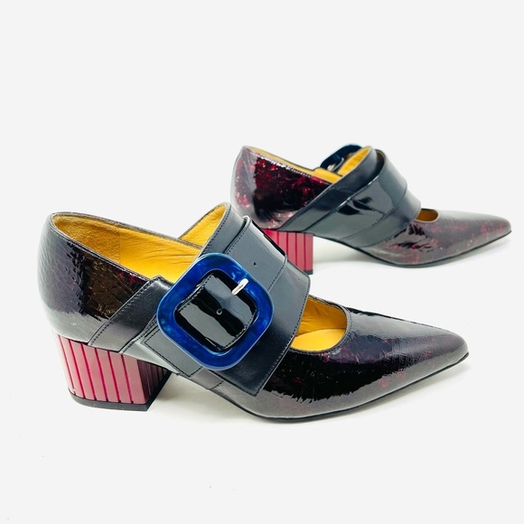 John Fluevog Black Burgundy Navy Red Patent Leather Shoe - Picture 3 of 12